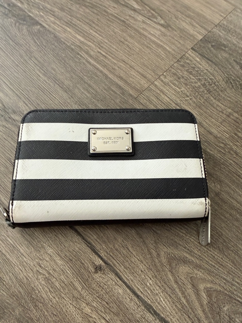 Michael Kors Black and White Striped Zip-Around Wallet